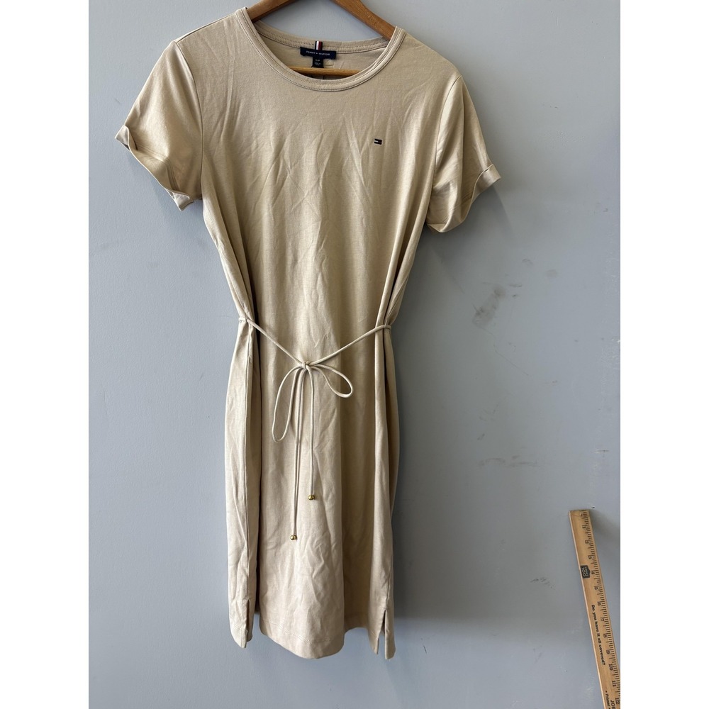 Tommy Hilfiger Dress Womens S Beige T Shirt Belted Logo Short Mini Crew Neck